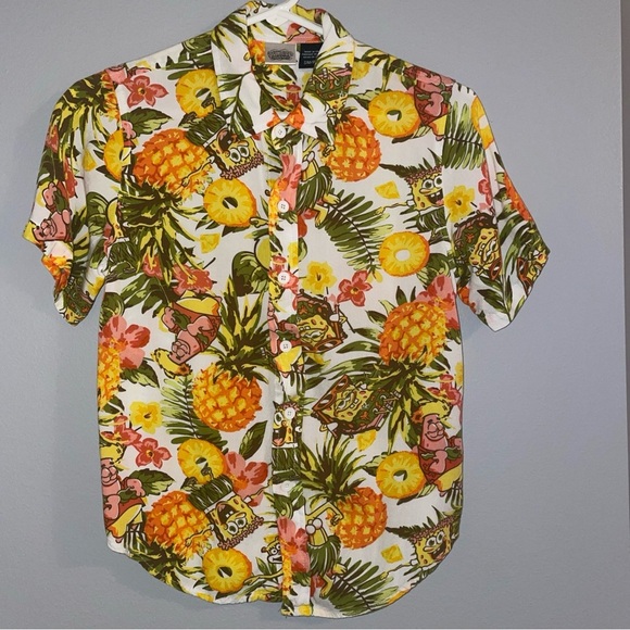 Sponge Bob Square Pants Hawaiian Tropical Button Down Shirt Sz Youth Small - Picture 1 of 5